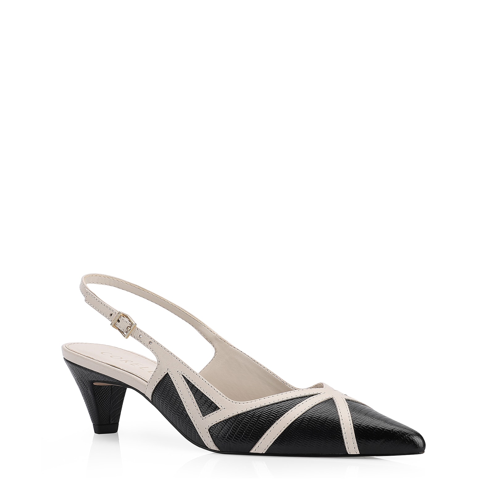 Scarpin Couro Lezard Preto/Couro Off White
