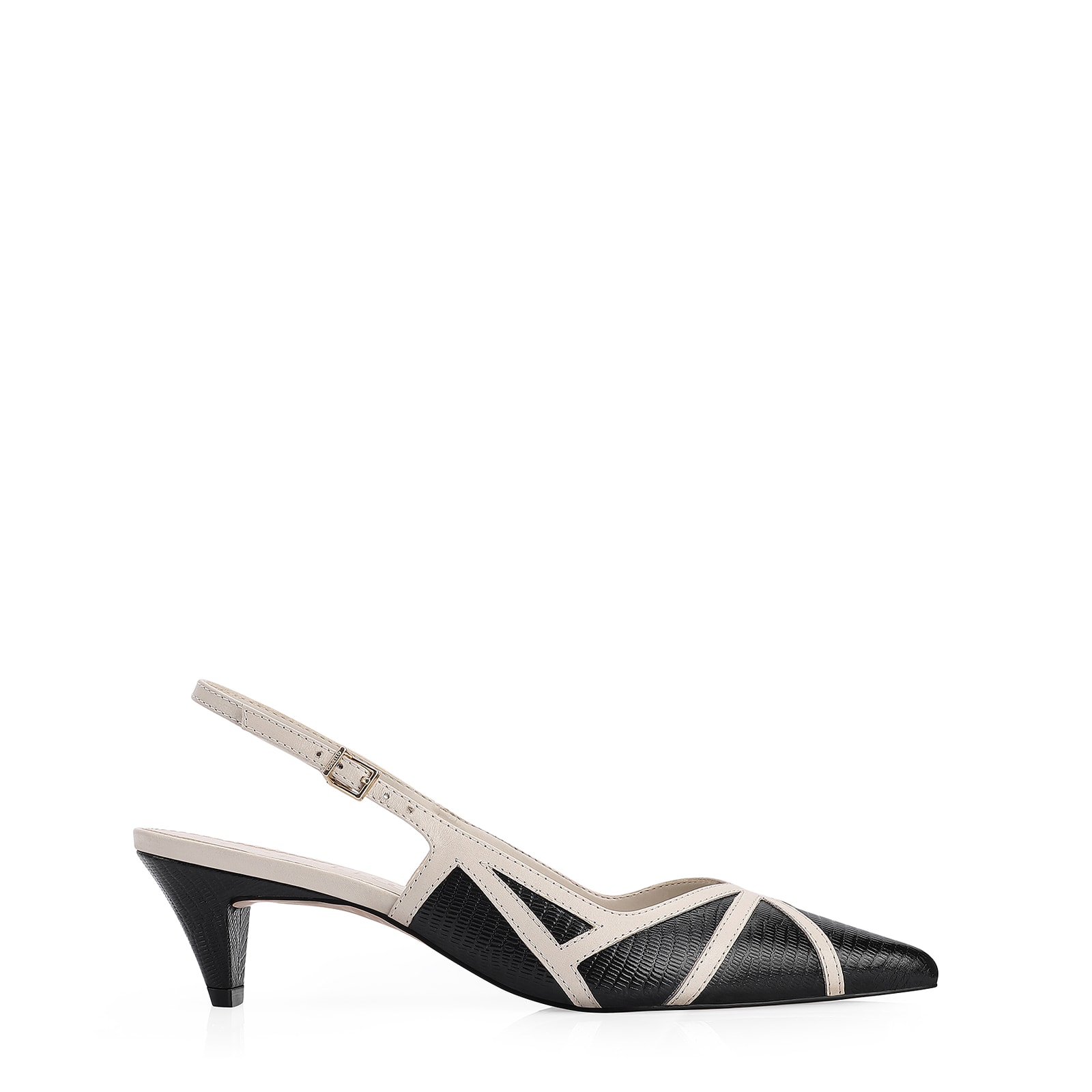 Scarpin Couro Lezard Preto/Couro Off White