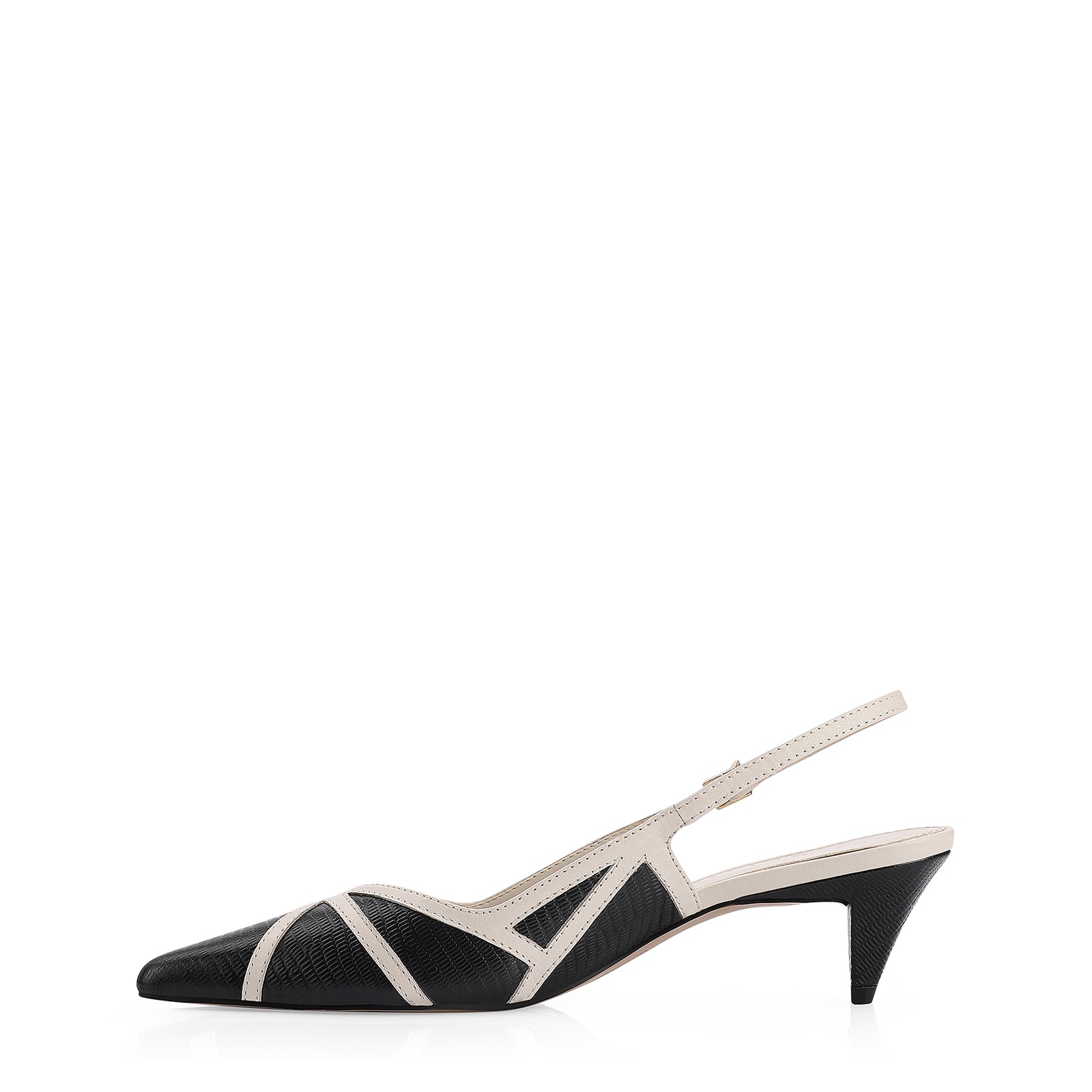 Scarpin Couro Lezard Preto/Couro Off White