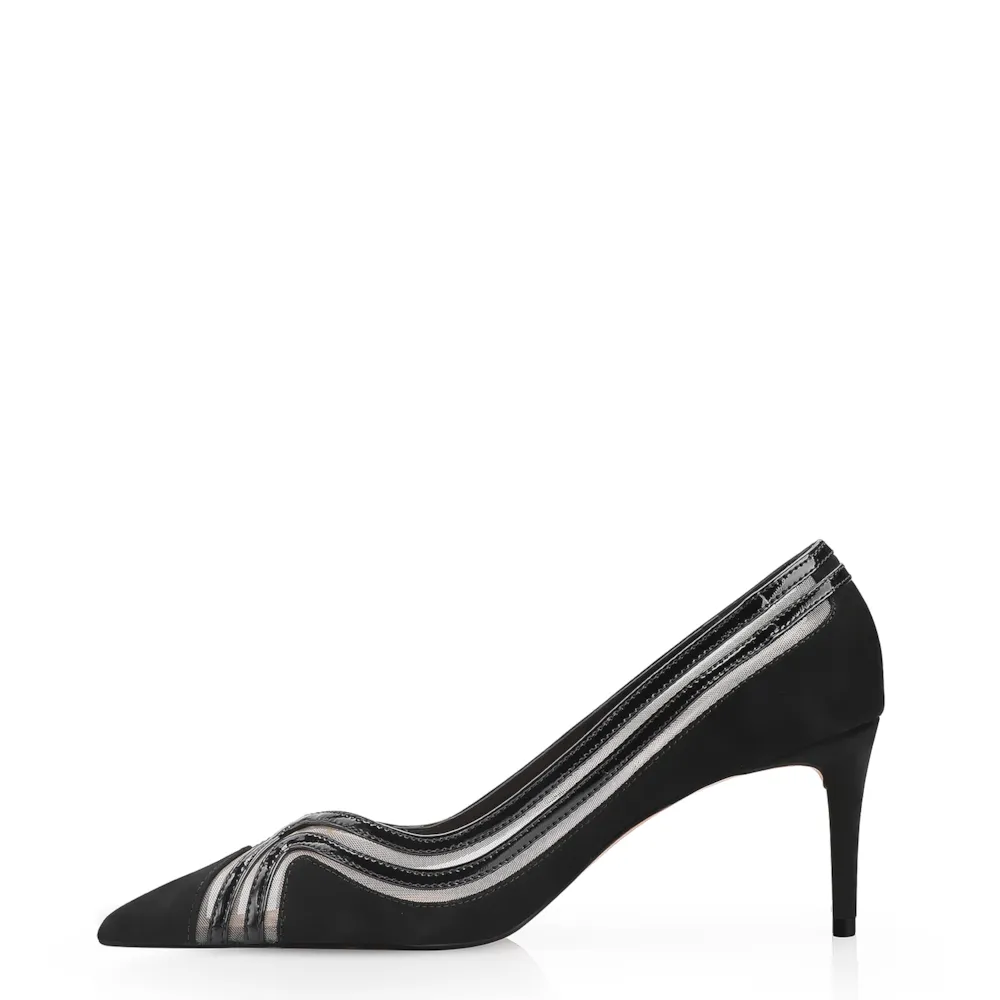 Scarpin Couro Nobuck Preto/Tela/Verniz Preto - imagem 4