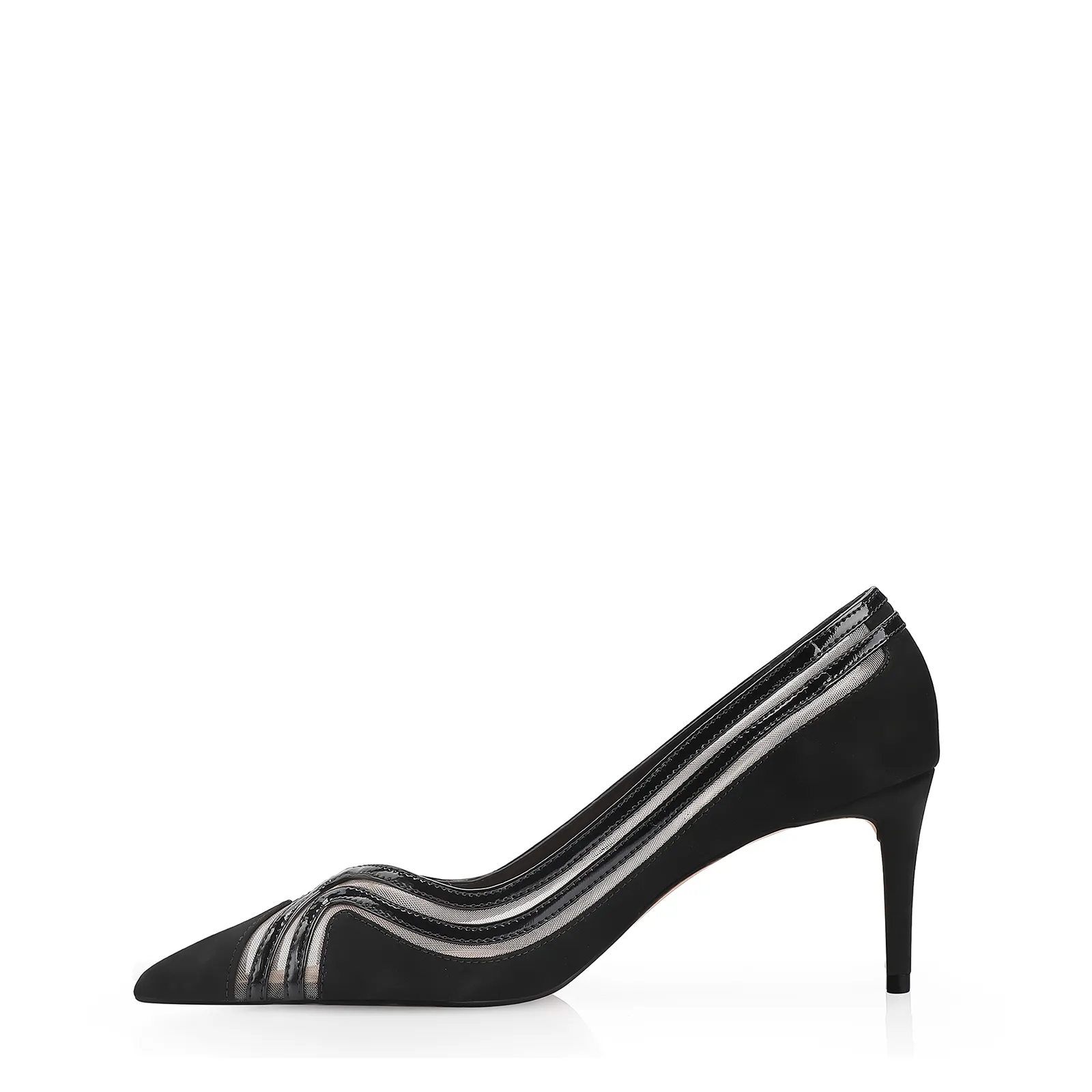 Scarpin Couro Nobuck Preto/Tela/Verniz Preto