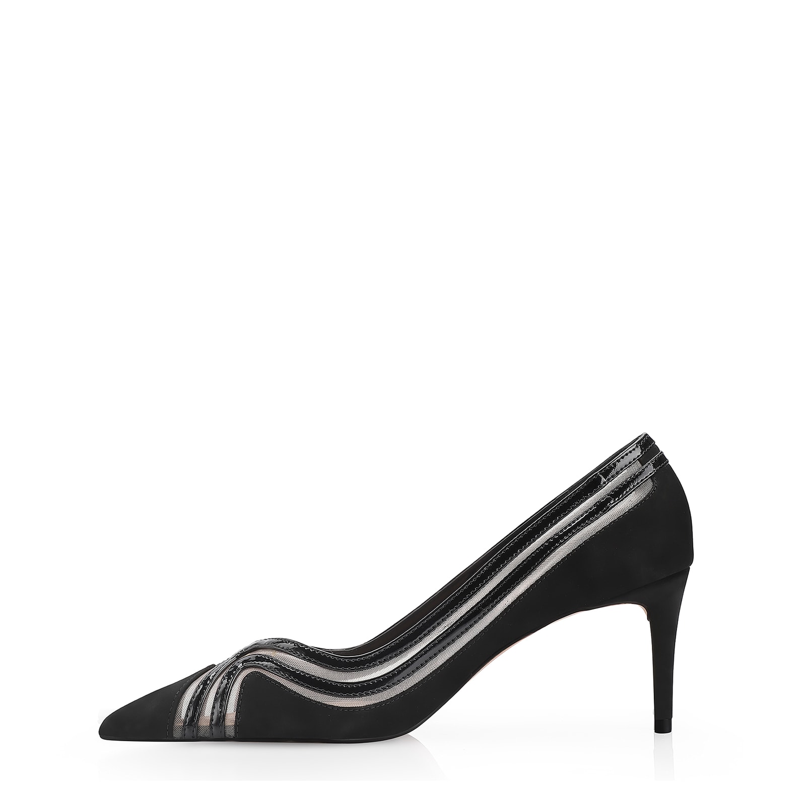 Scarpin Couro Nobuck Preto/Tela/Verniz Preto