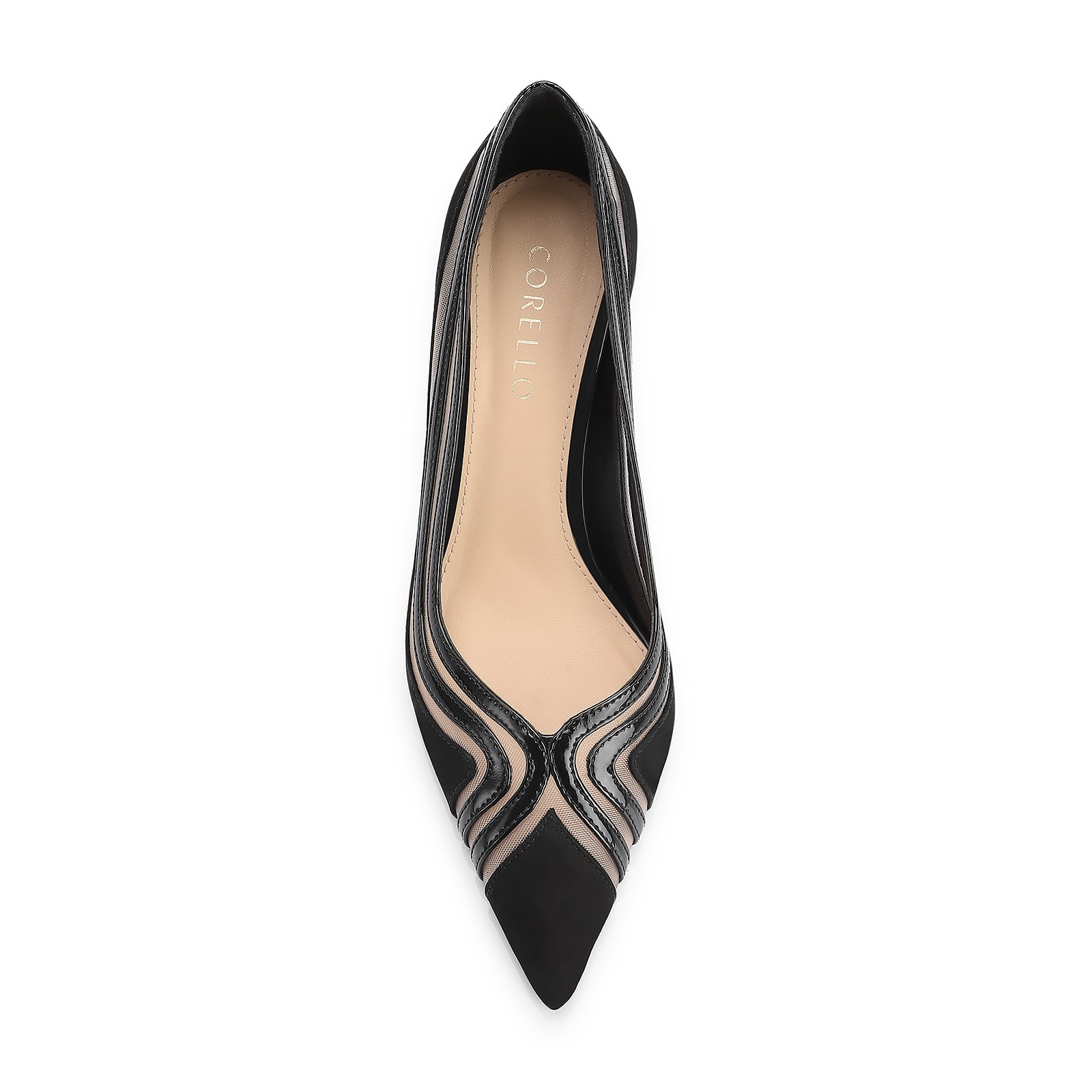 Scarpin Couro Nobuck Preto/Tela/Verniz Preto