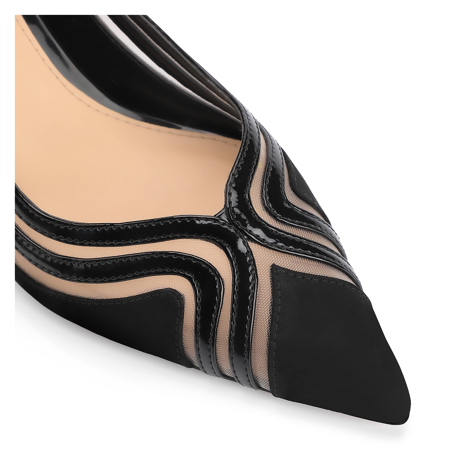 Scarpin Couro Nobuck Preto/Tela/Verniz Preto