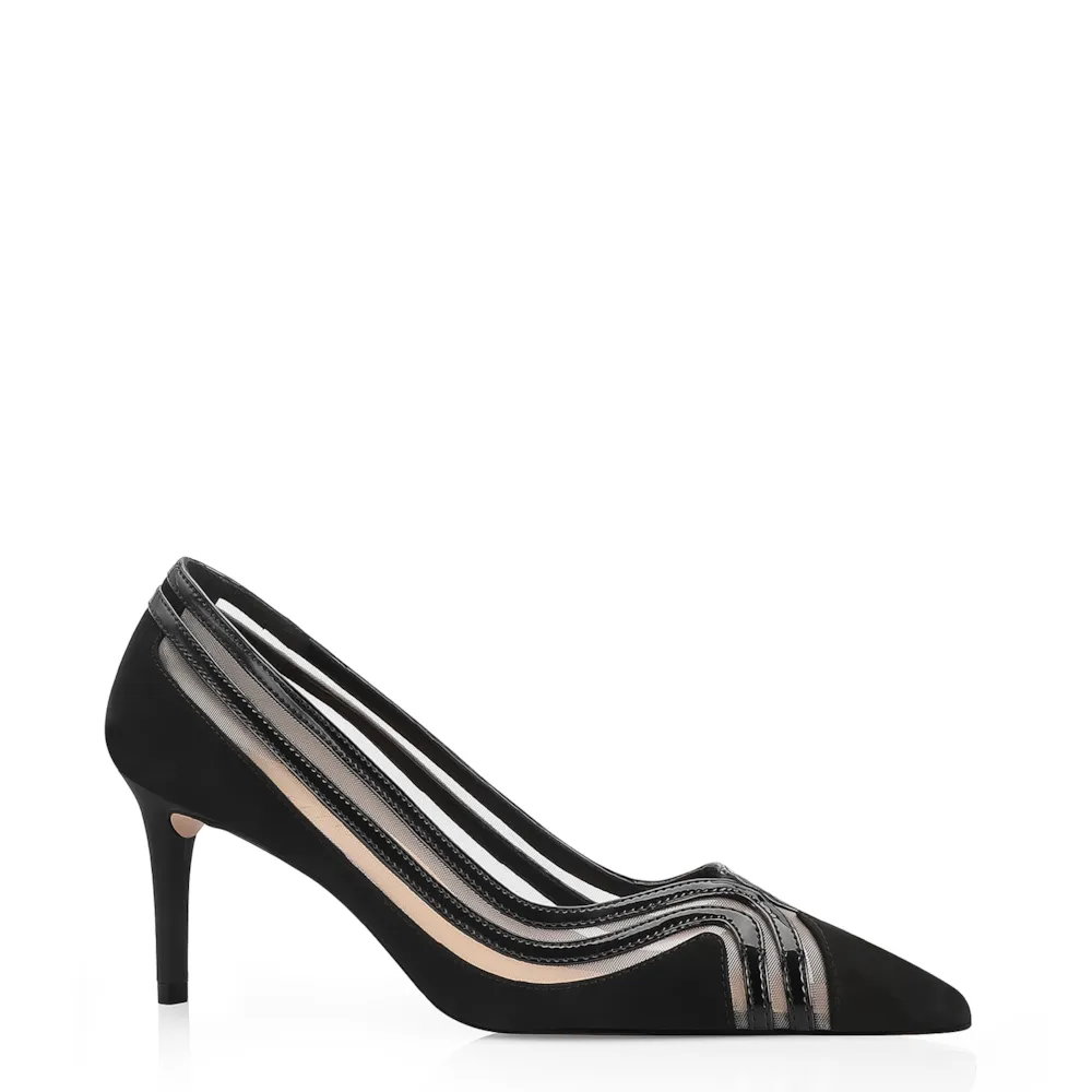 Scarpin Couro Nobuck Preto/Tela/Verniz Preto