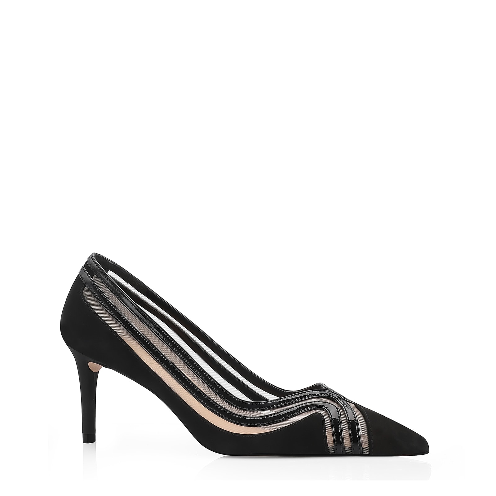 Scarpin Couro Nobuck Preto/Tela/Verniz Preto