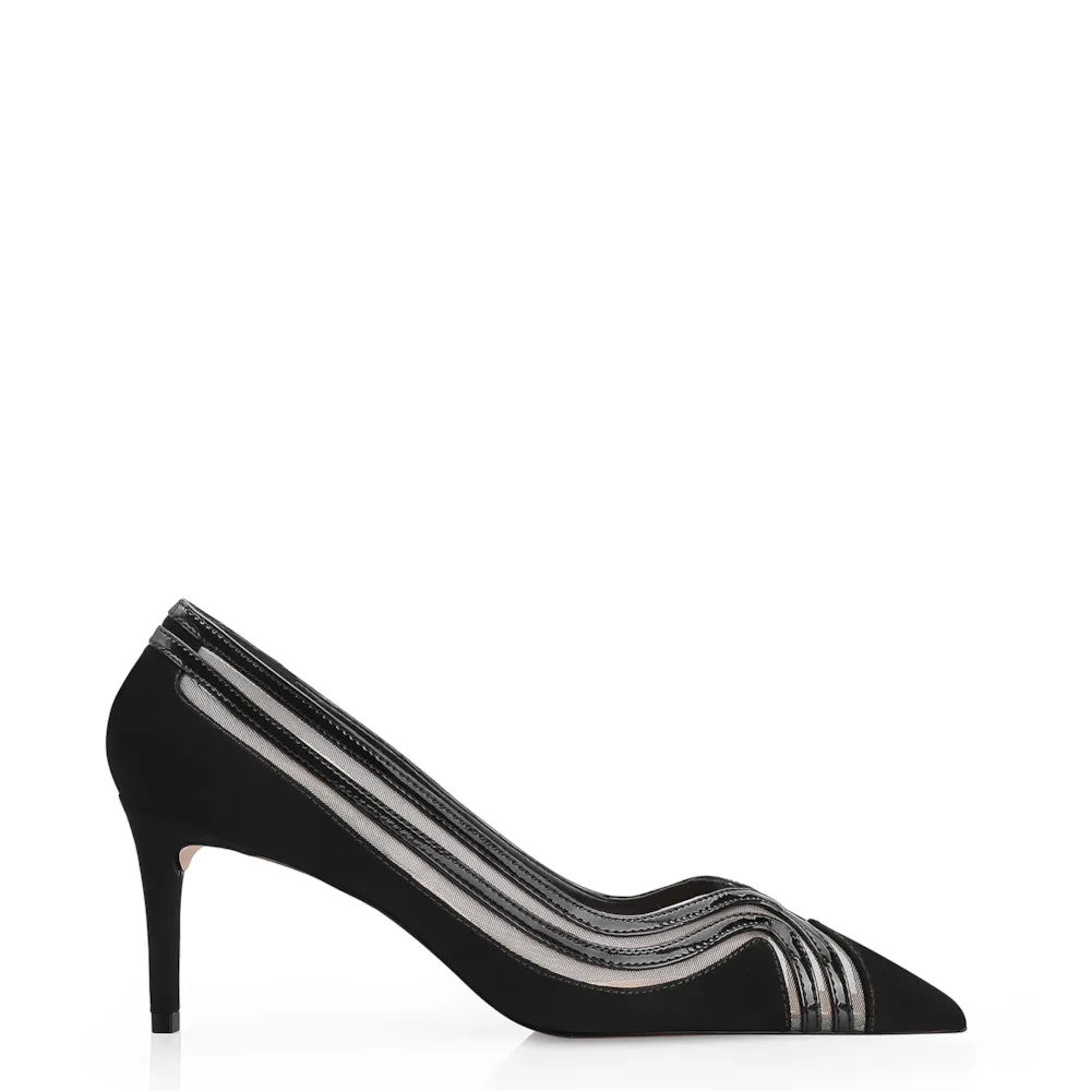 Scarpin Couro Nobuck Preto/Tela/Verniz Preto - imagem 2