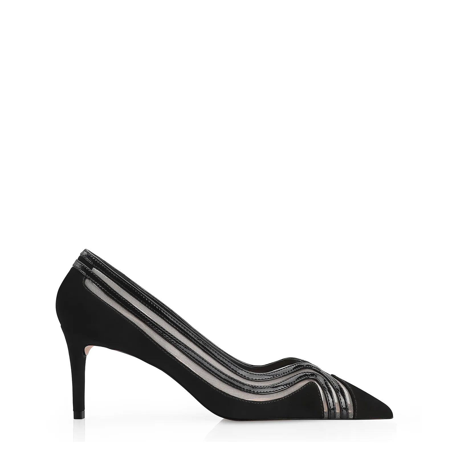 Scarpin Couro Nobuck Preto/Tela/Verniz Preto
