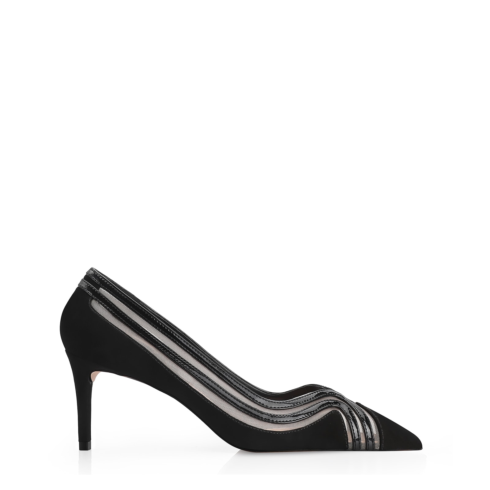 Scarpin Couro Nobuck Preto/Tela/Verniz Preto