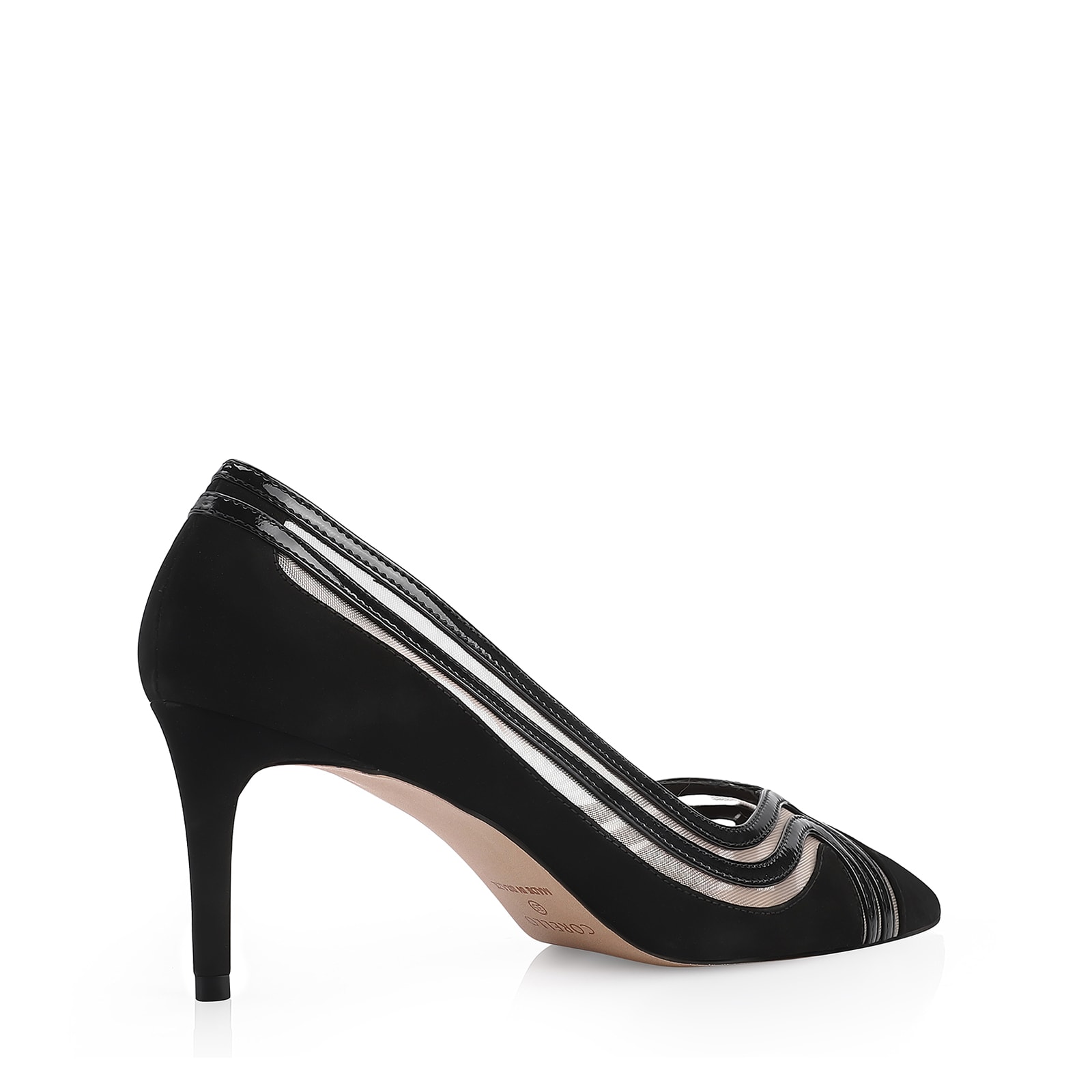 Scarpin Couro Nobuck Preto/Tela/Verniz Preto