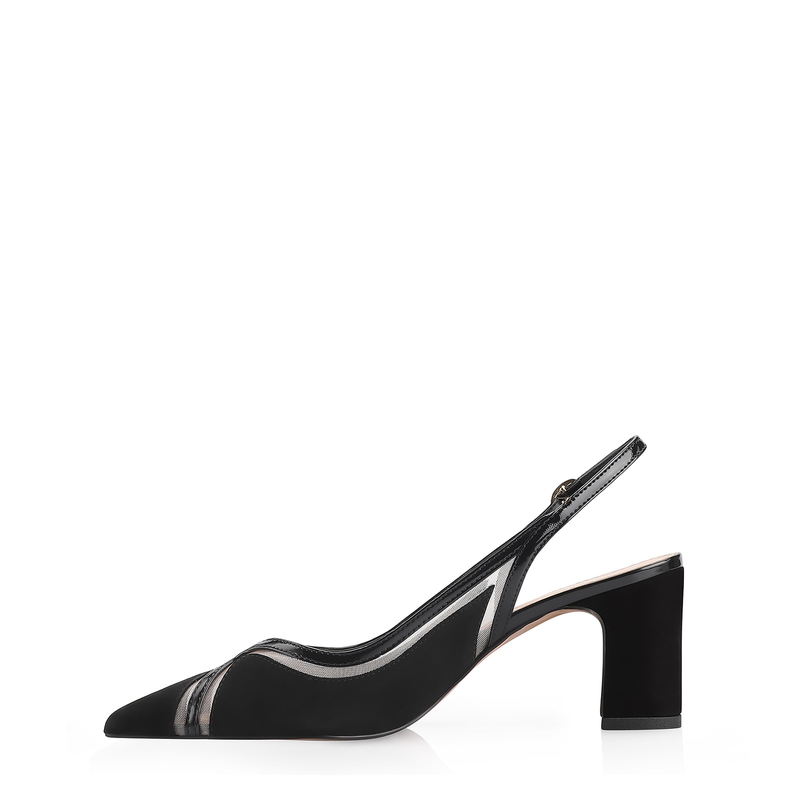 Scarpin Couro Nobuck Preto/Tela/Verniz Preto
