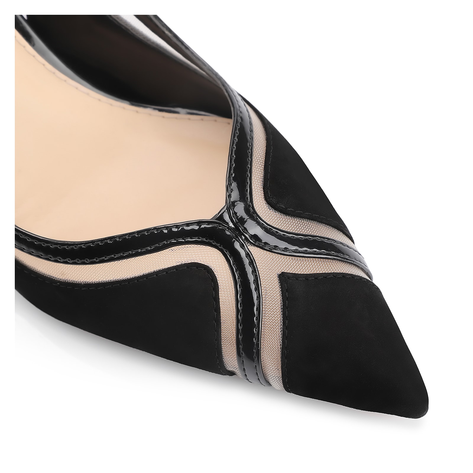 Scarpin Couro Nobuck Preto/Tela/Verniz Preto