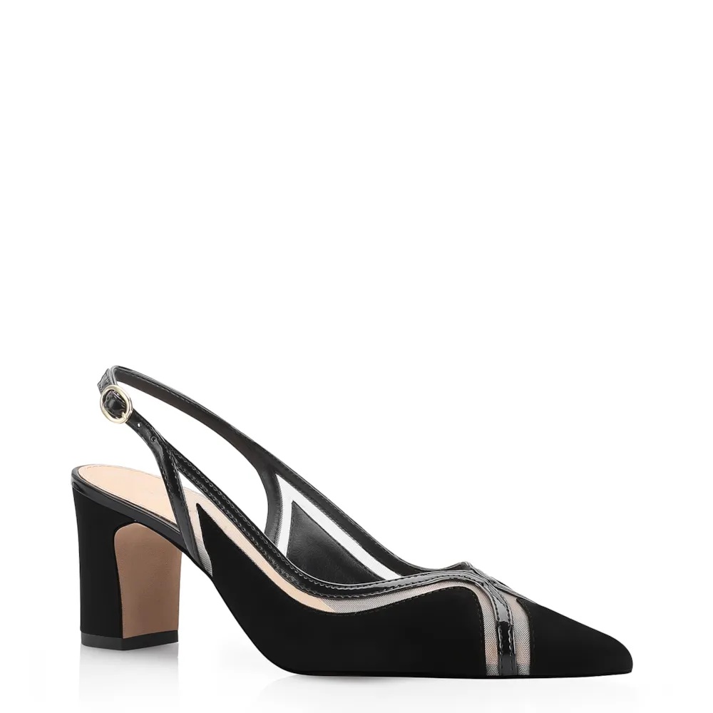 Scarpin Couro Nobuck Preto/Tela/Verniz Preto