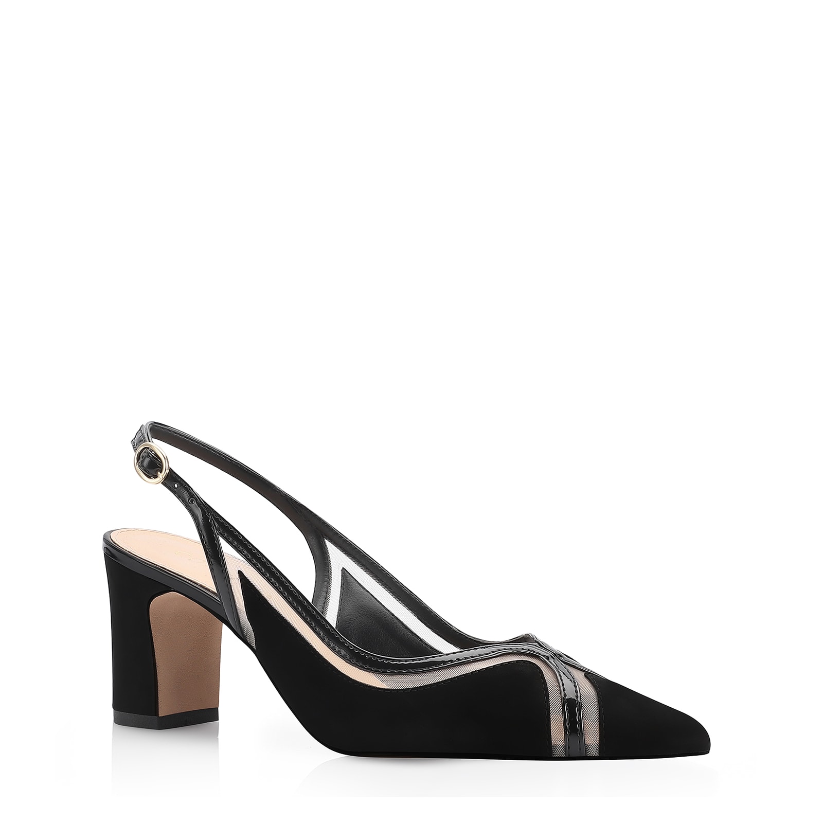 Scarpin Couro Nobuck Preto/Tela/Verniz Preto