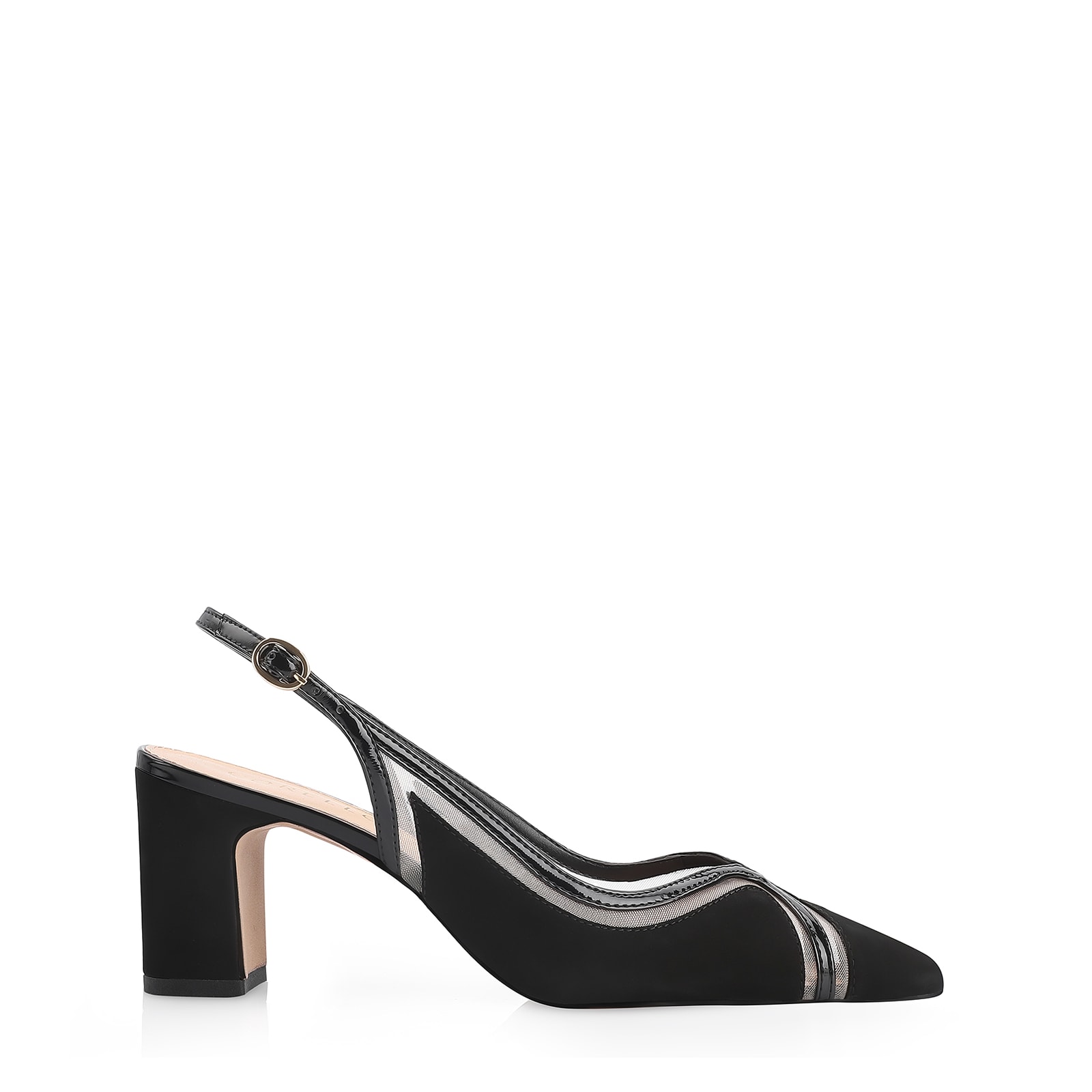 Scarpin Couro Nobuck Preto/Tela/Verniz Preto