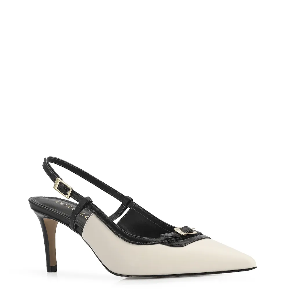 Scarpin Couro Off White/Preto