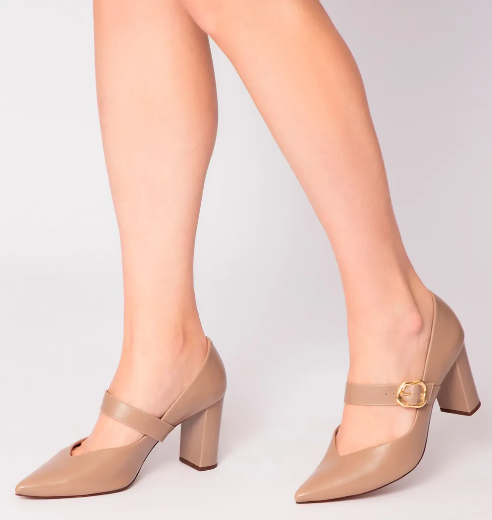Scarpin Fivela Couro Bege - imagem 2
