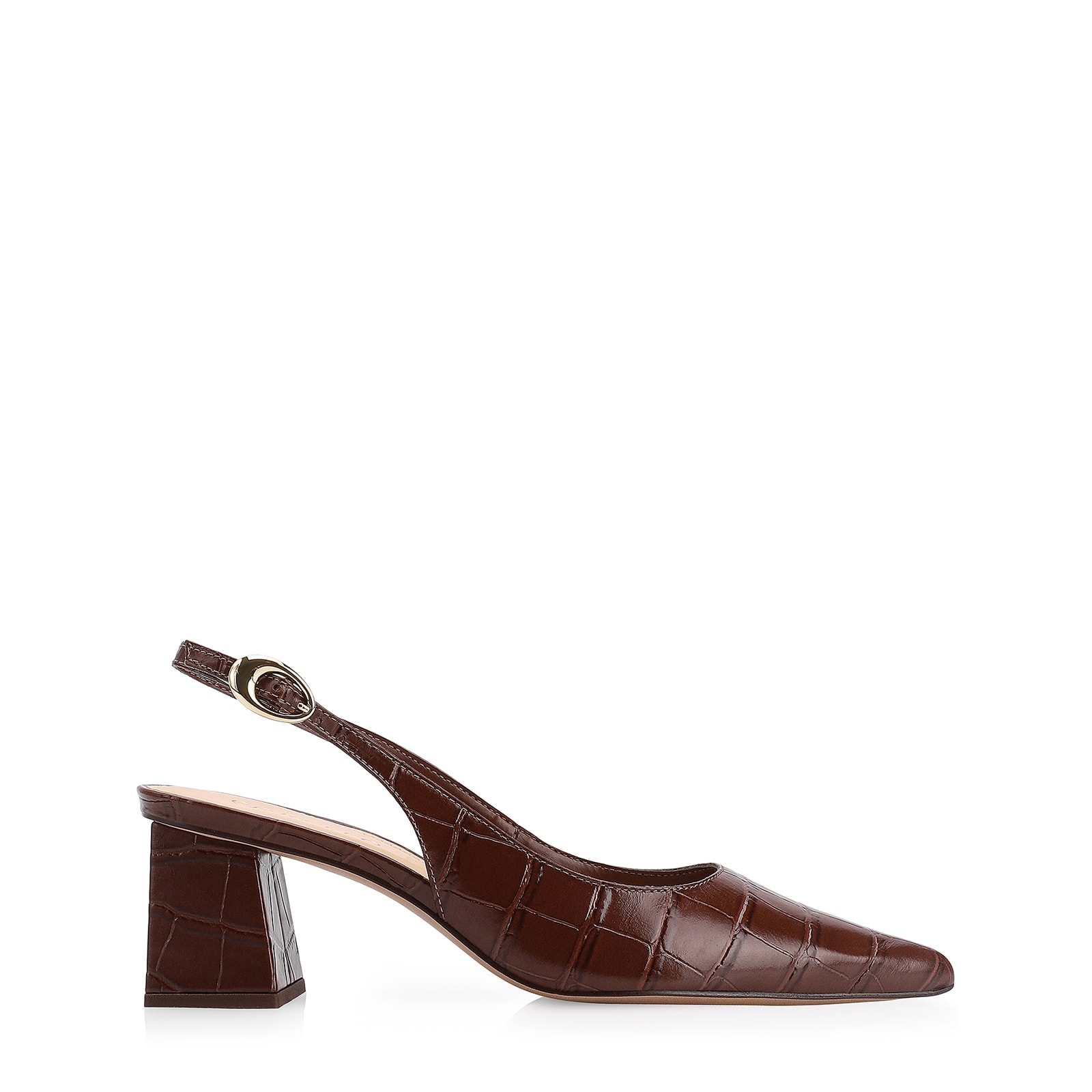 Scarpin Fivela Couro Croco Marrom