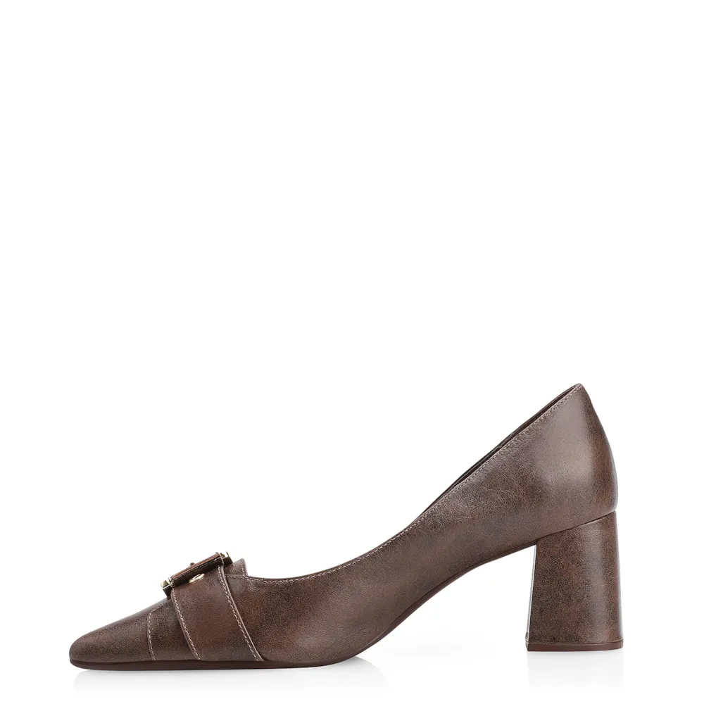 Scarpin Fivela Couro Estonado Marrom - imagem 4