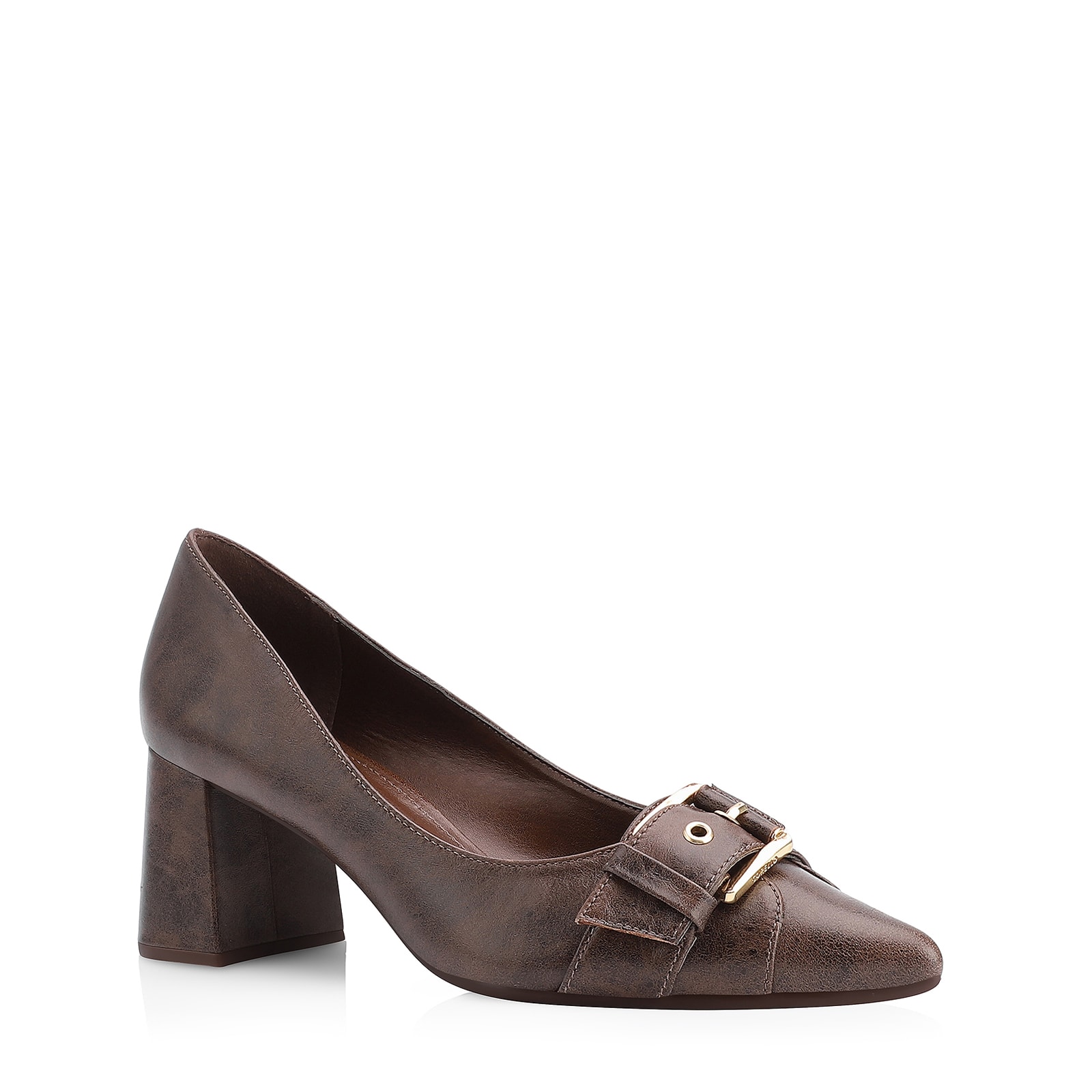 Scarpin Fivela Couro Estonado Marrom