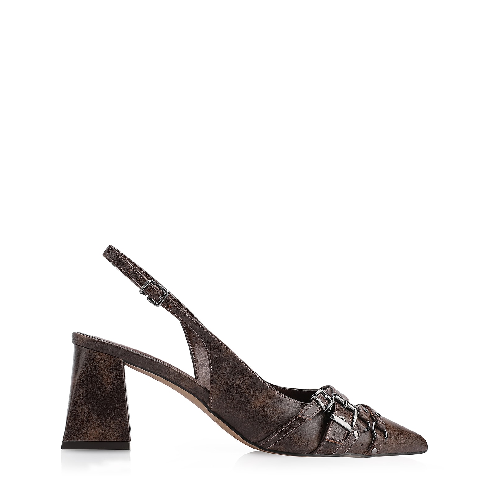 Scarpin Fivelas Couro Estonado Marrom