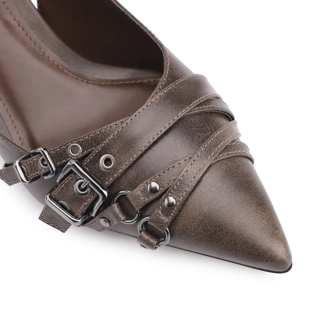 Scarpin Fivelas Couro Estonado Marrom - imagem 7