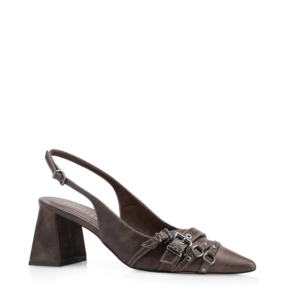 Scarpin Fivelas Couro Estonado Marrom