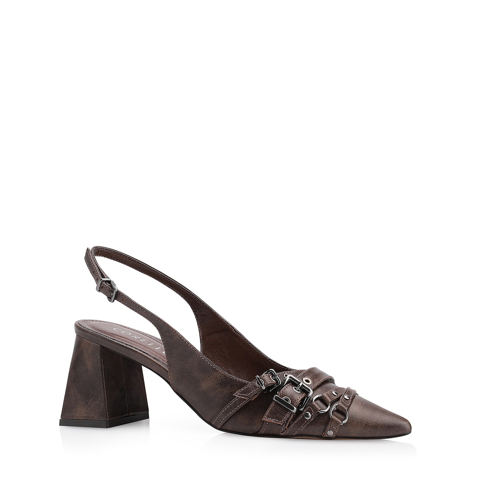 Scarpin Fivelas Couro Estonado Marrom