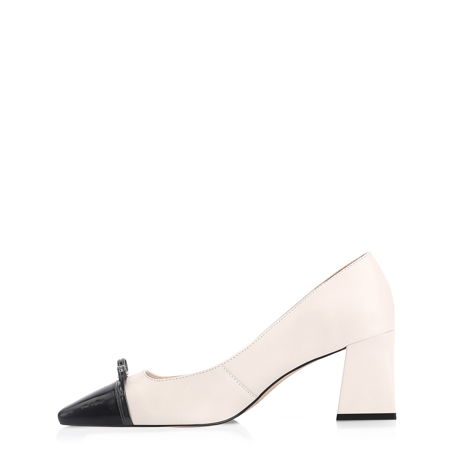 Scarpin Laço Couro Off White/Verniz Preto