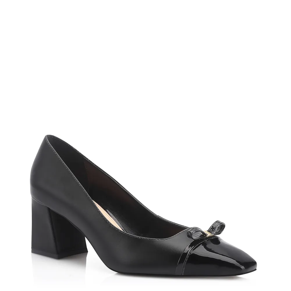 Scarpin Laço Couro Preto/Verniz Preto