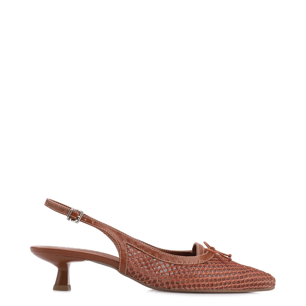 Scarpin Marrom Claro Salto Baixo Slingback Tela Alt Laço - imagem 2