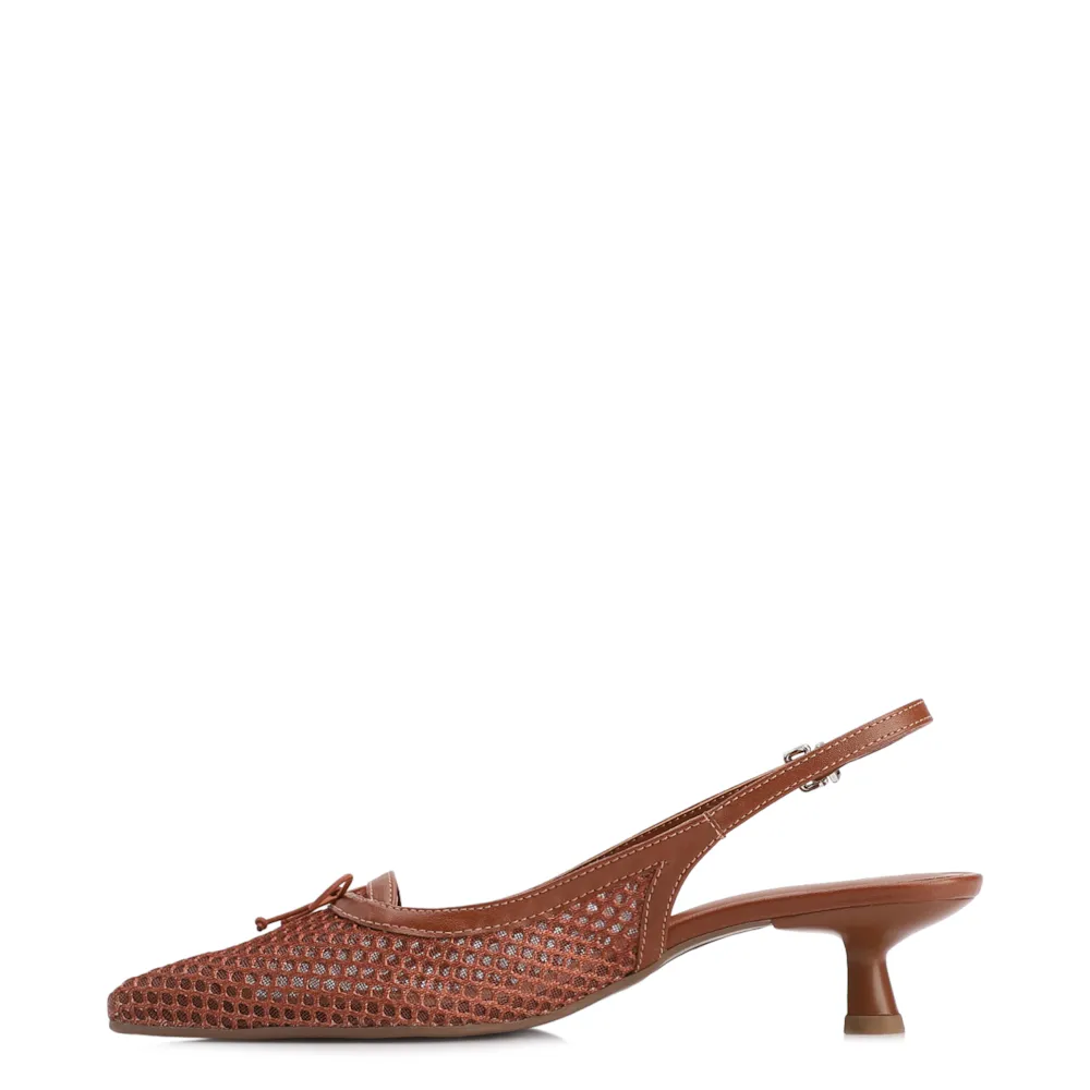 Scarpin Marrom Claro Salto Baixo Slingback Tela Alt Laço - imagem 4