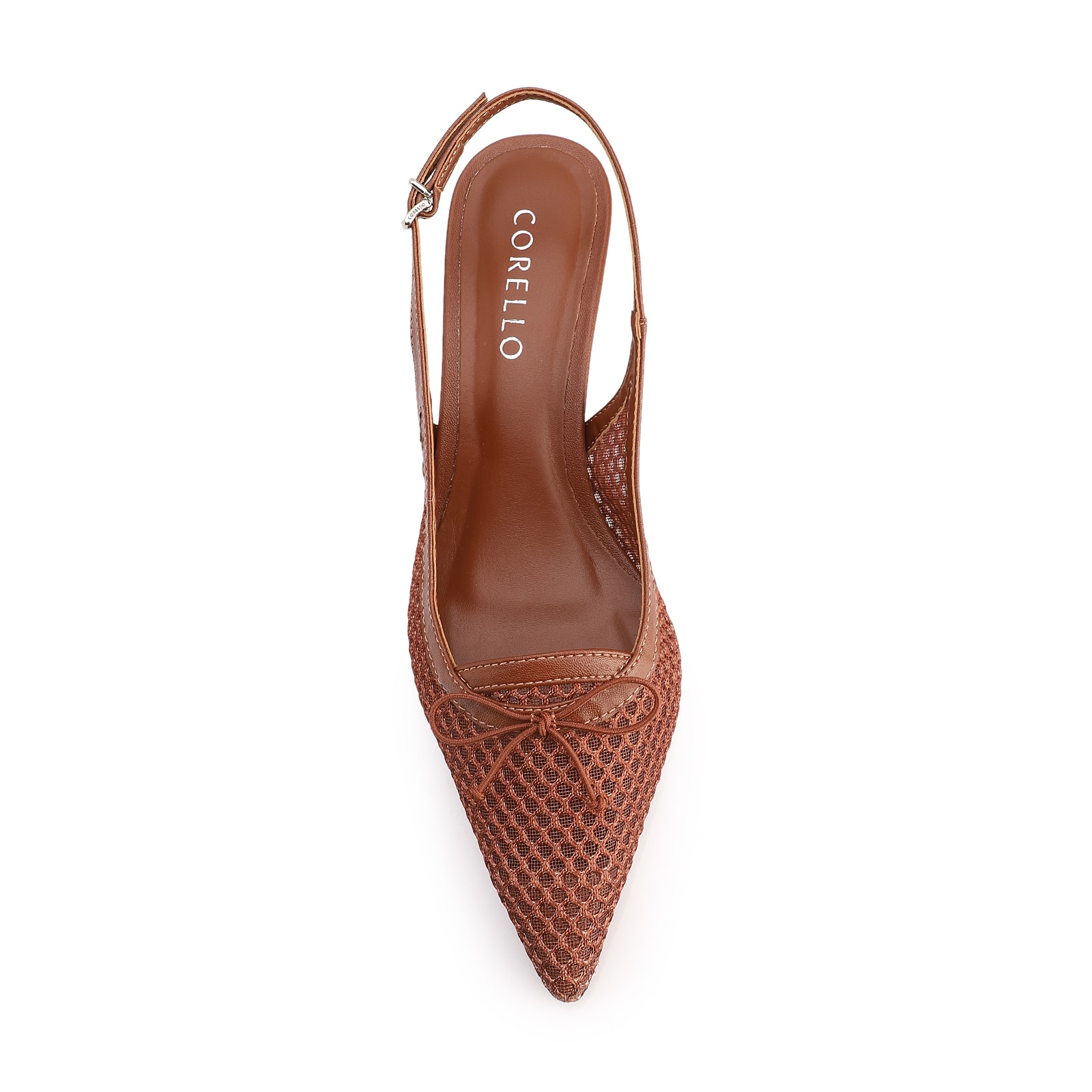 Scarpin Marrom Claro Salto Baixo Slingback Tela Alt Laço