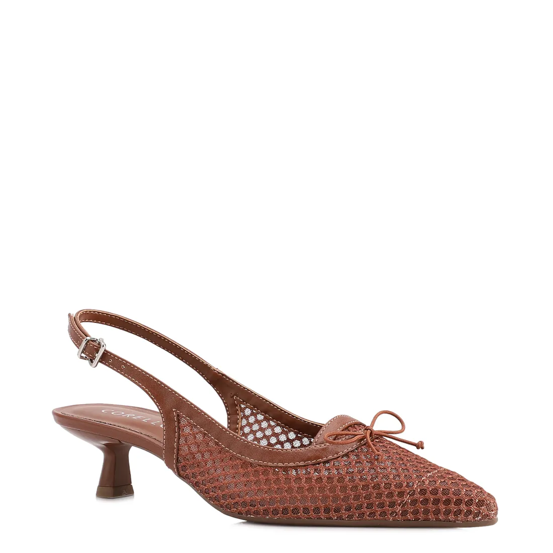 Scarpin Marrom Claro Salto Baixo Slingback Tela Alt Laço