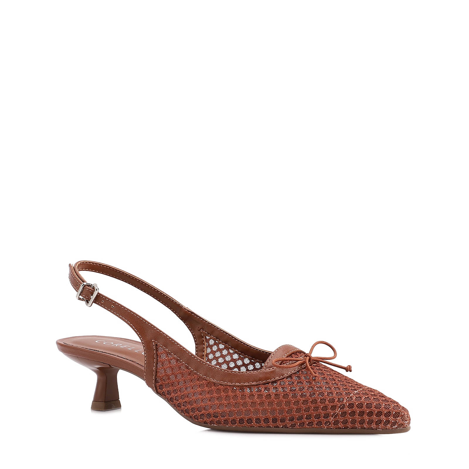Scarpin Marrom Claro Salto Baixo Slingback Tela Alt Laço