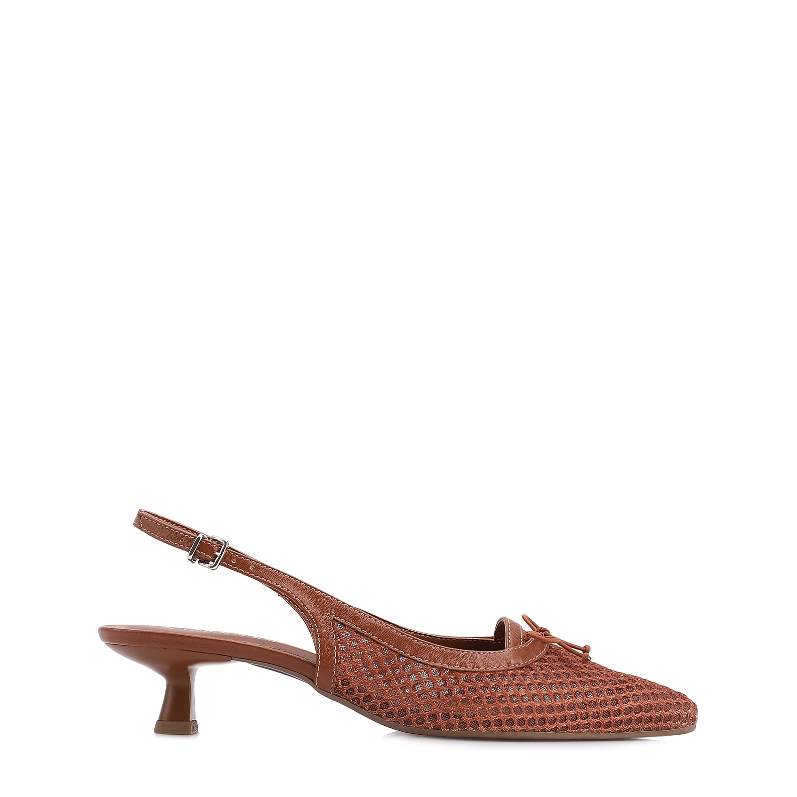 Scarpin Marrom Claro Salto Baixo Slingback Tela Alt Laço