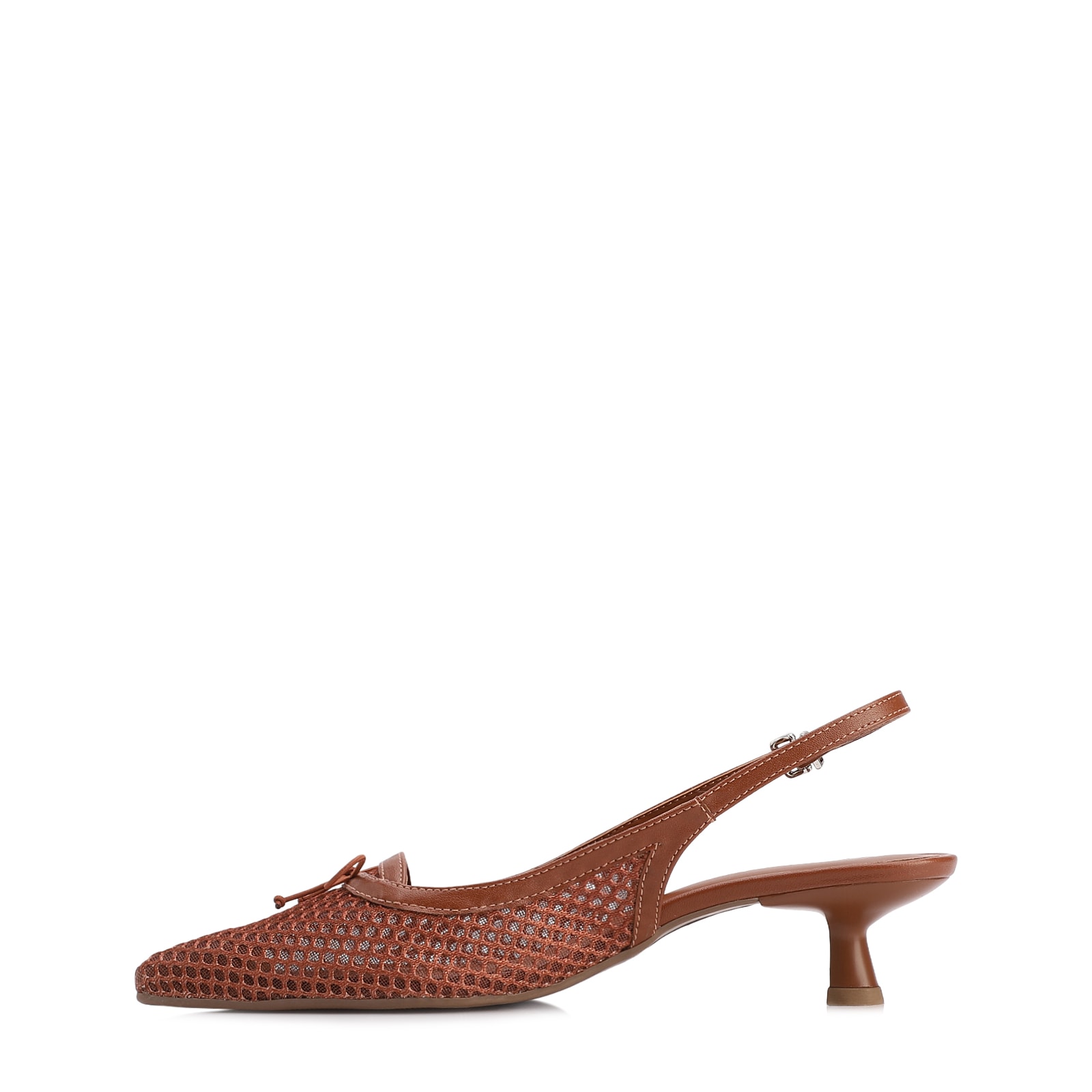 Scarpin Marrom Claro Salto Baixo Slingback Tela Alt Laço