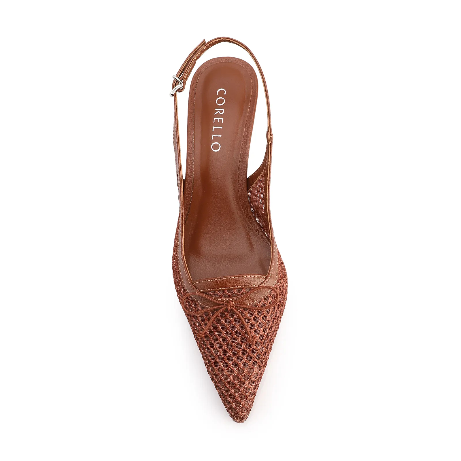 Scarpin Marrom Claro Salto Baixo Slingback Tela Alt Laço
