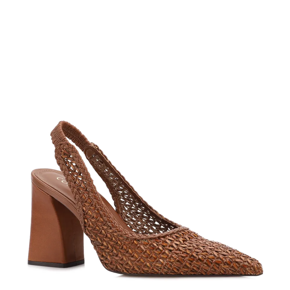 Scarpin Marrom Claro Salto Bloco Alto Alt Tramado Slingback