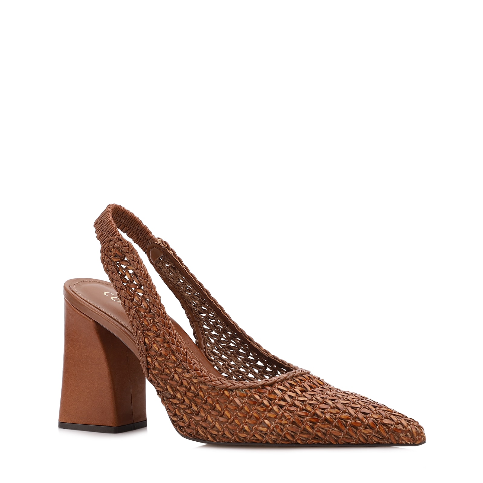 Scarpin Marrom Claro Salto Bloco Alto Alt Tramado Slingback