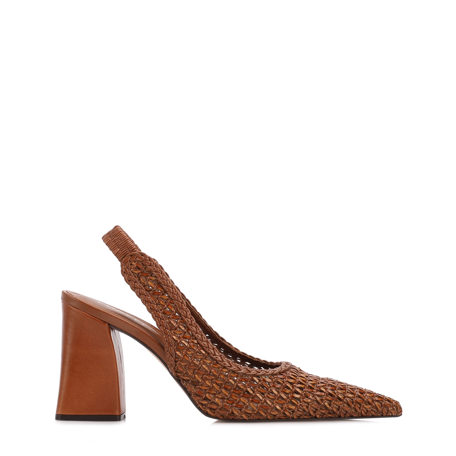 Scarpin Marrom Claro Salto Bloco Alto Alt Tramado Slingback