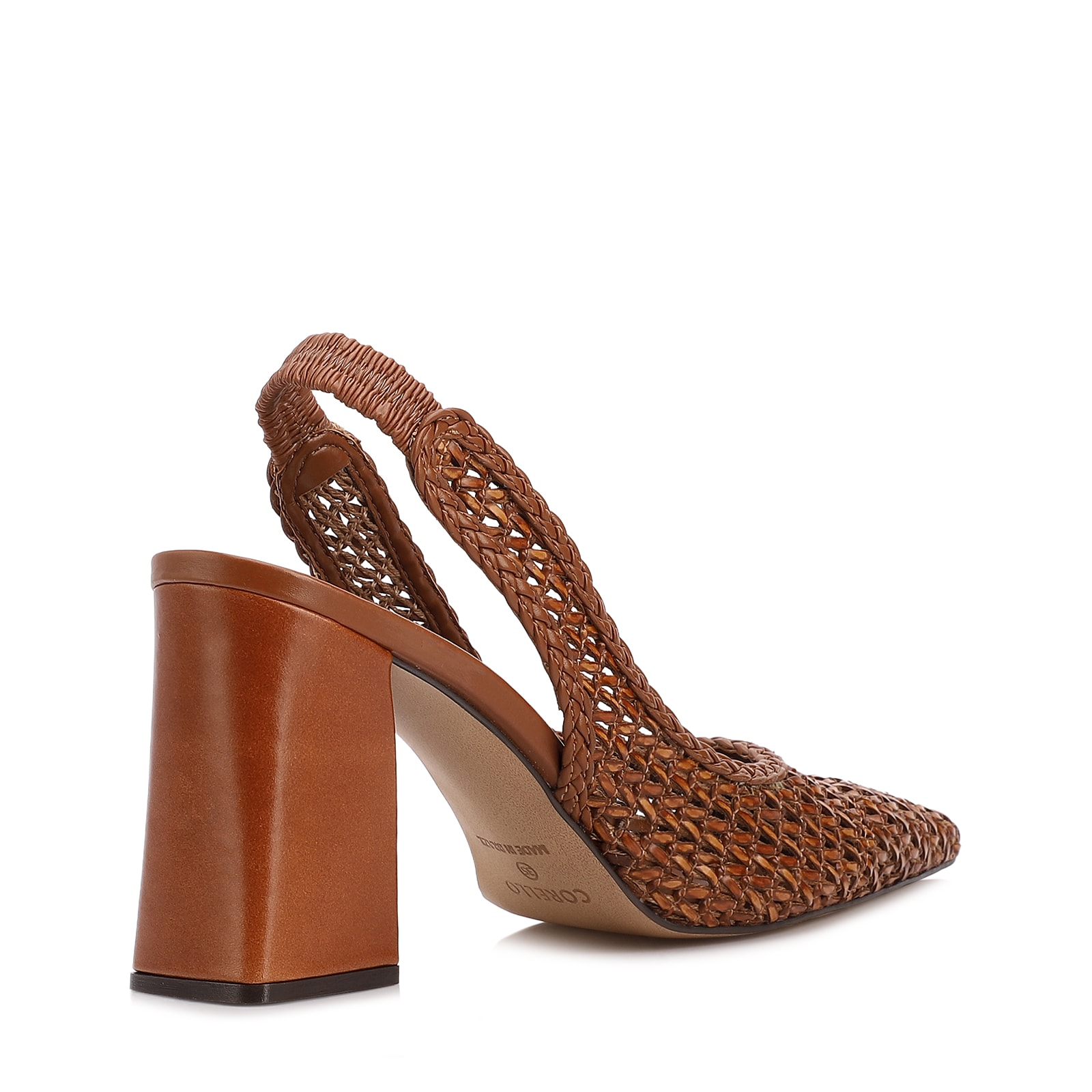 Scarpin Marrom Claro Salto Bloco Alto Alt Tramado Slingback