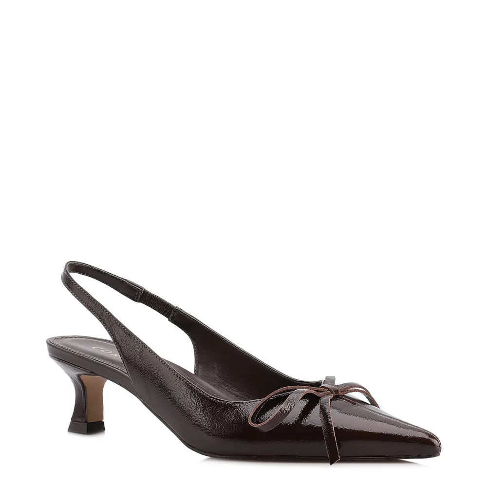 Scarpin Marrom Escuro Salto Baixo Couro Slingback Maxi Laço