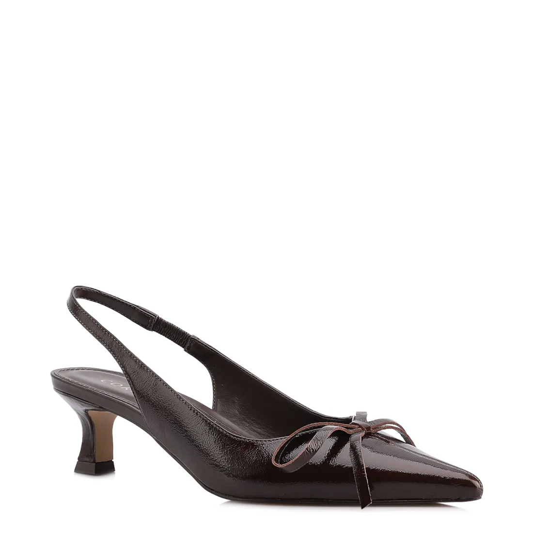 Scarpin Marrom Escuro Salto Baixo Couro Slingback Maxi Laço
