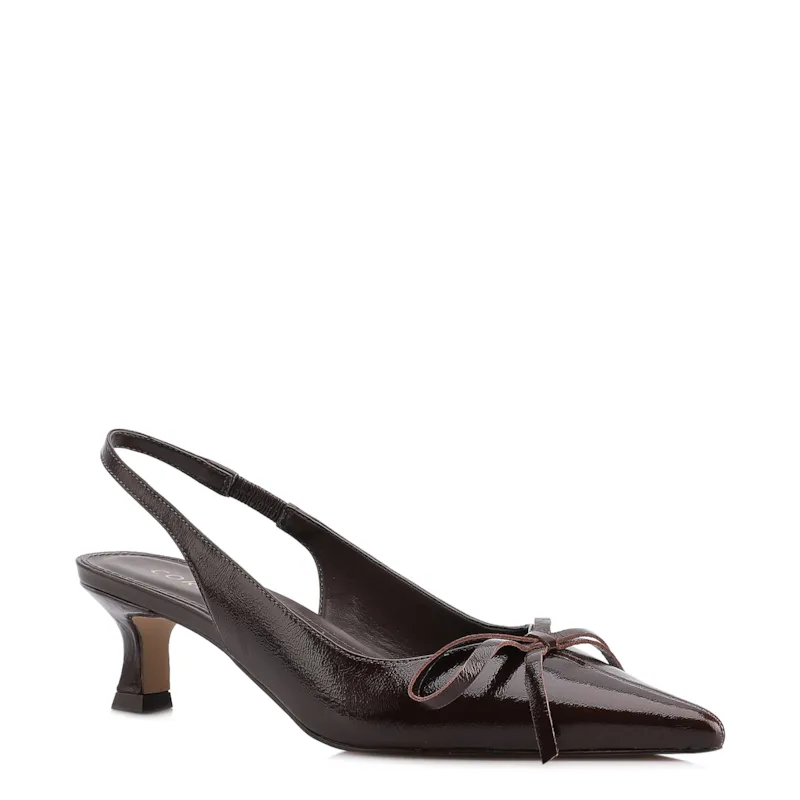 Scarpin Marrom Escuro Salto Baixo Couro Slingback Maxi Laço