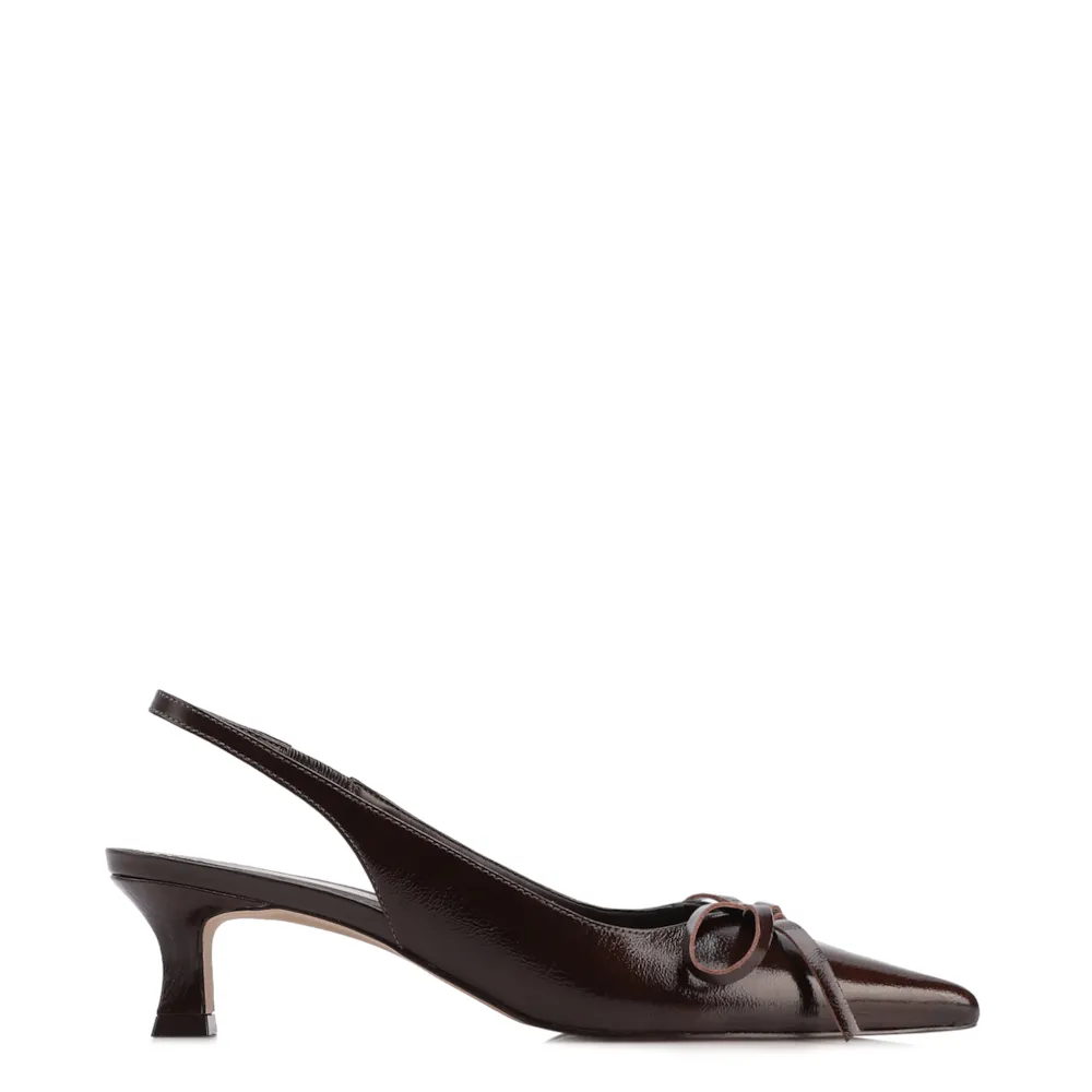 Scarpin Marrom Escuro Salto Baixo Couro Slingback Maxi Laço - imagem 3