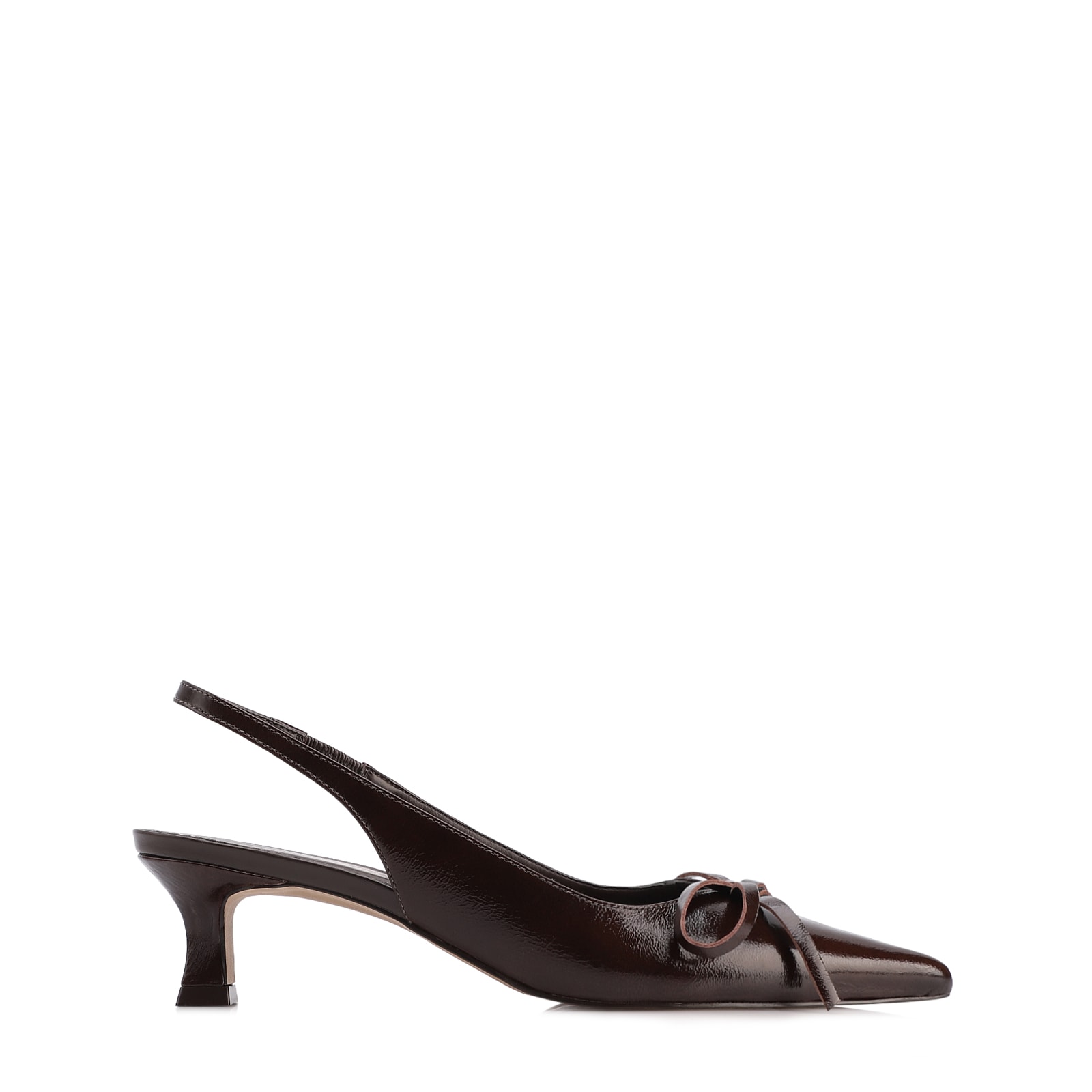 Scarpin Marrom Escuro Salto Baixo Couro Slingback Maxi Laço