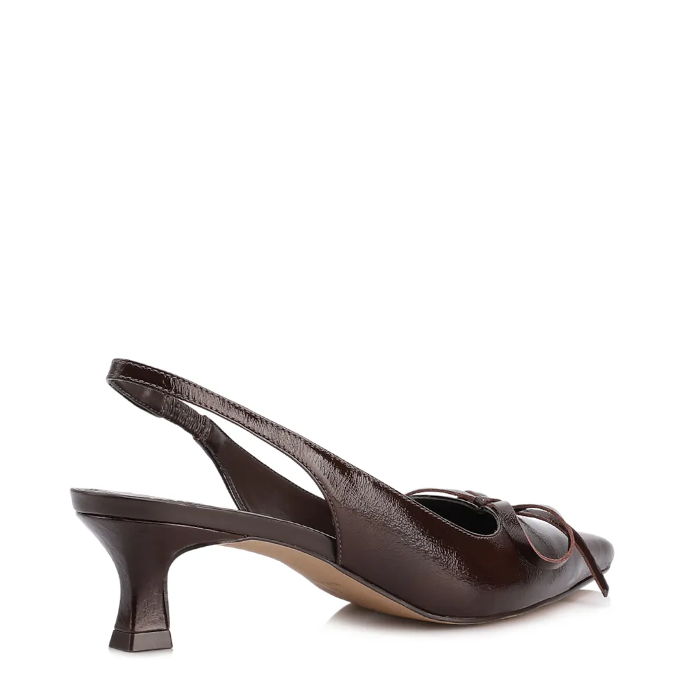 Scarpin Marrom Escuro Salto Baixo Couro Slingback Maxi Laço - imagem 4