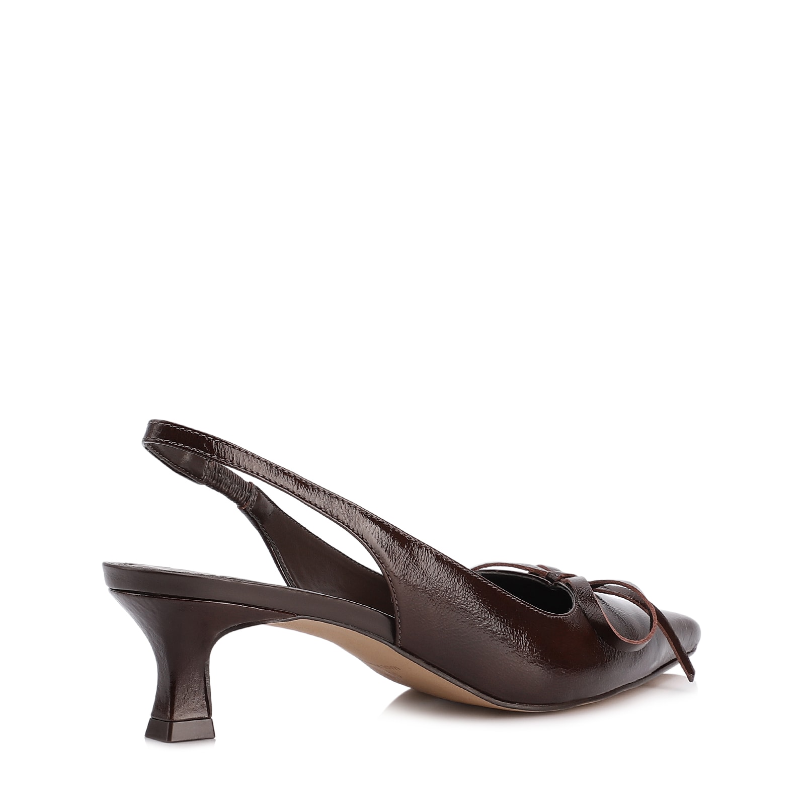 Scarpin Marrom Escuro Salto Baixo Couro Slingback Maxi Laço