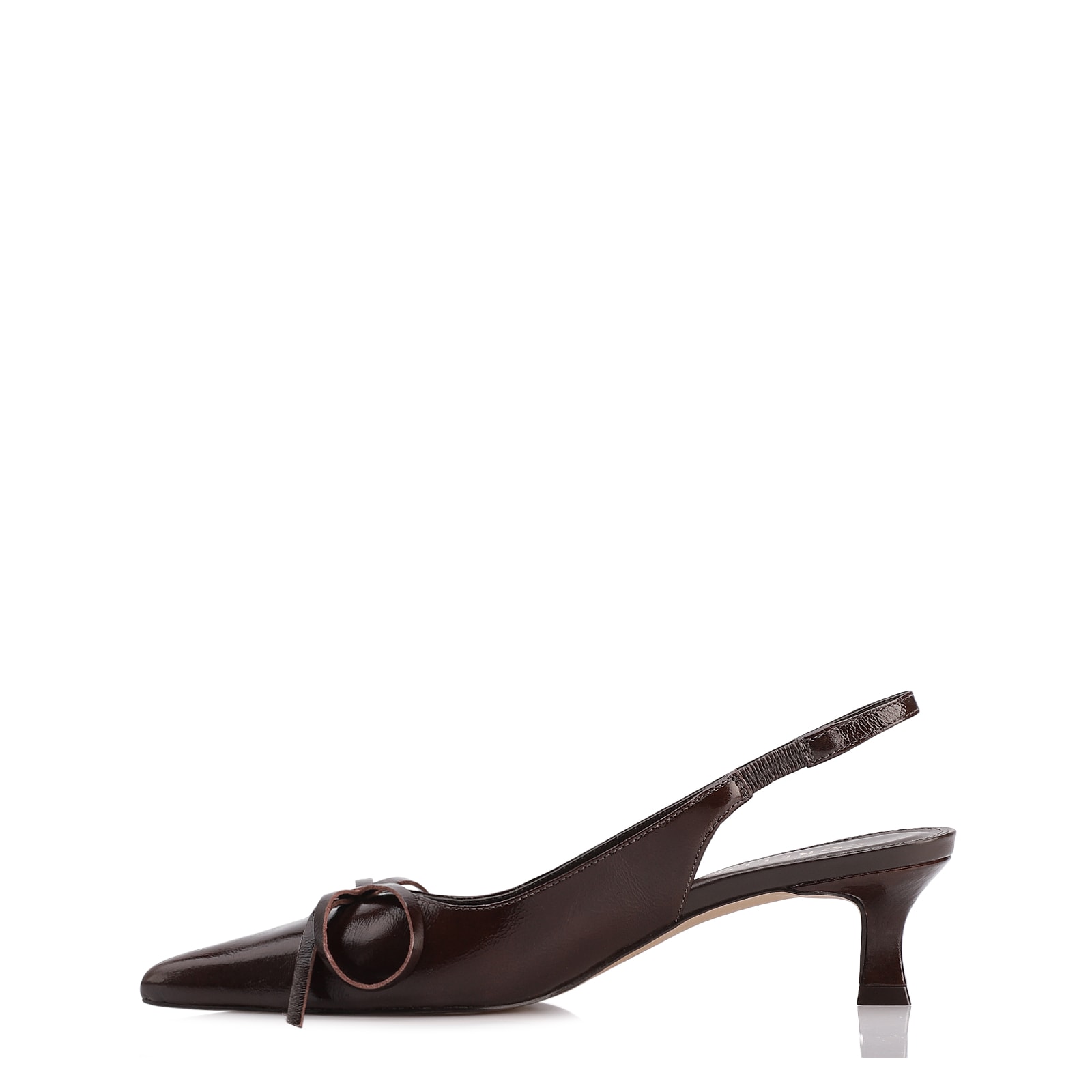 Scarpin Marrom Escuro Salto Baixo Couro Slingback Maxi Laço